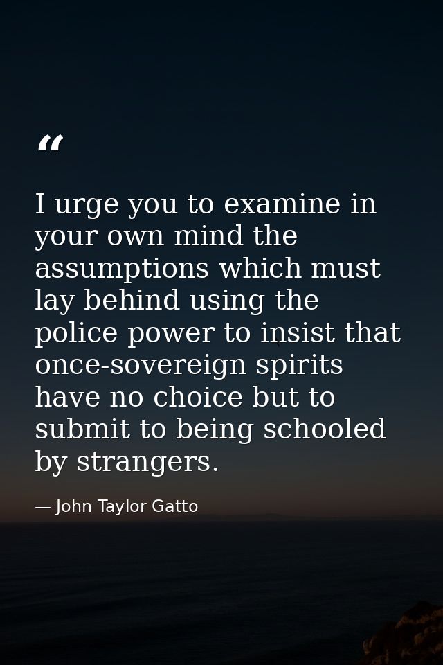 I urge you to examine in your own mind the assumptions which must lay behind using the police power to insist that once- — John Taylor Gatto