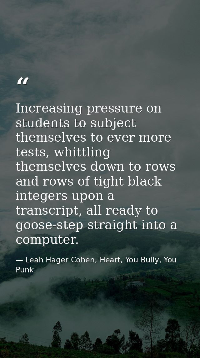 Increasing pressure on students to subject themselves to ever more tests, whittling themselves down to rows and rows of  — Leah Hager Cohen, Heart, You Bully, You Punk