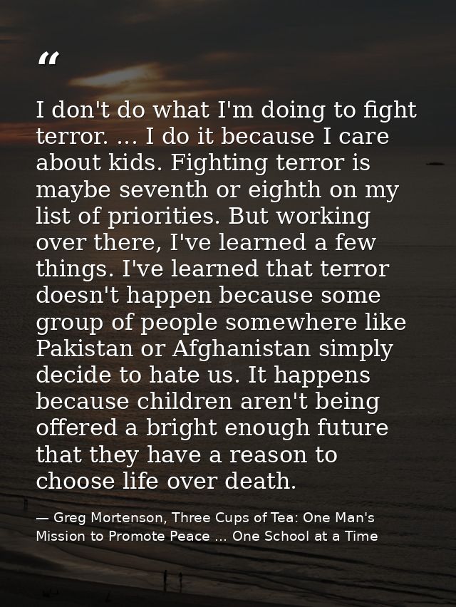 I don't do what I'm doing to fight terror. ... I do it because I care about kids. Fighting terror is maybe seventh or ei — Greg Mortenson, Three Cups of Tea: One Man's Mission to Promote Peace ... One School at a Time