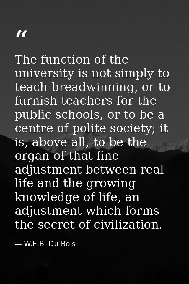 The function of the university is not simply to teach breadwinning, or to furnish teachers for the public schools, or to — W.E.B. Du Bois