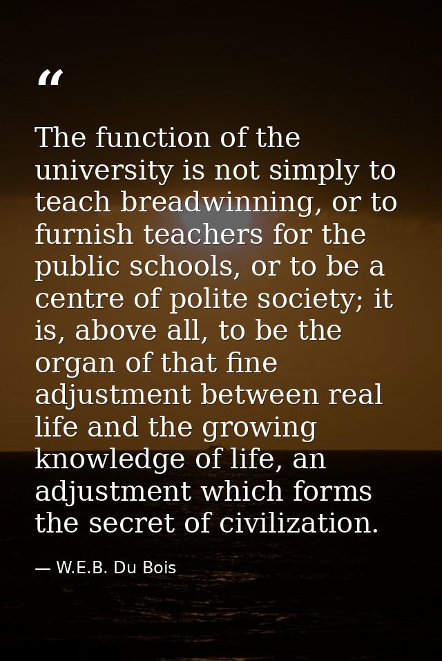 The function of the university is not simply to teach breadwinning, or to furnish teachers for the public schools, or to — W.E.B. Du Bois