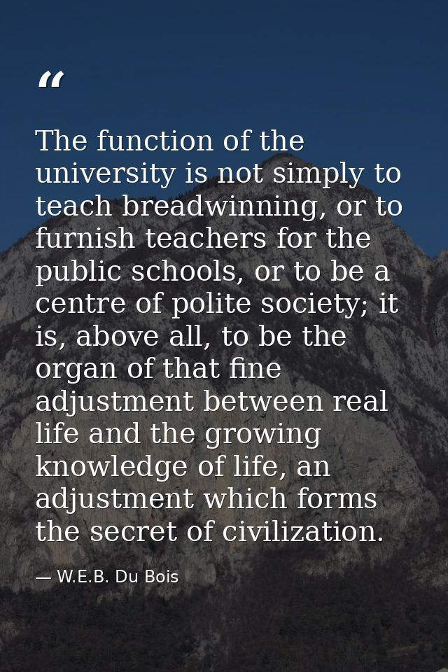 The function of the university is not simply to teach breadwinning, or to furnish teachers for the public schools, or to — W.E.B. Du Bois