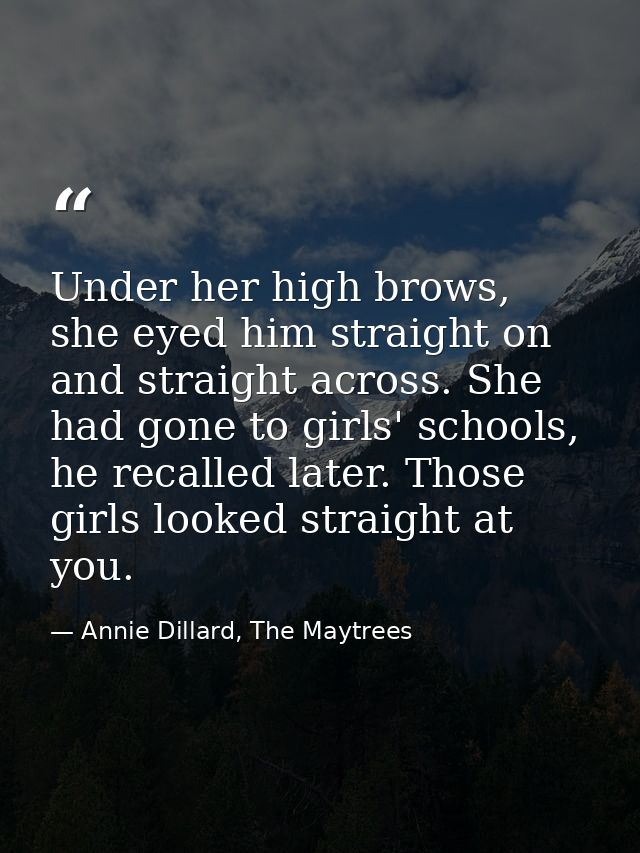 Under her high brows, she eyed him straight on and straight across. She had gone to girls' schools, he recalled later. T — Annie Dillard, The Maytrees