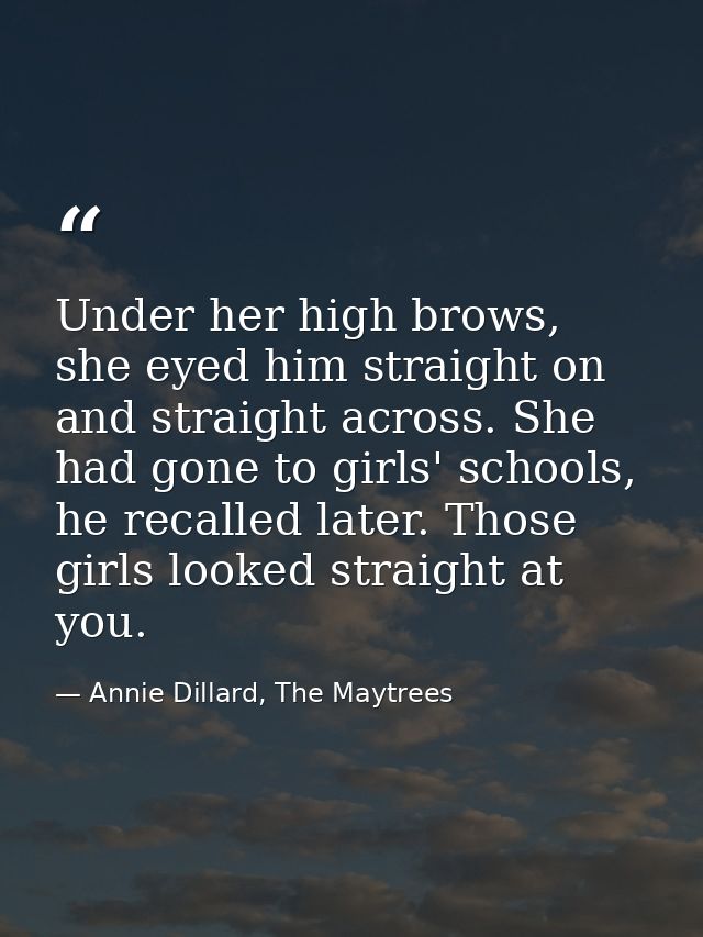 Under her high brows, she eyed him straight on and straight across. She had gone to girls' schools, he recalled later. T — Annie Dillard, The Maytrees