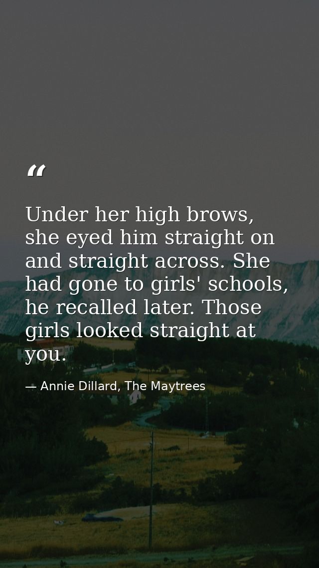 Under her high brows, she eyed him straight on and straight across. She had gone to girls' schools, he recalled later. T — Annie Dillard, The Maytrees