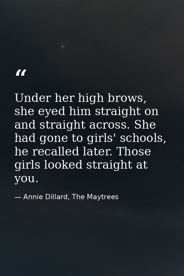 Under her high brows, she eyed him straight on and straight across. She had gone to girls' schools, he recalled later. T — Annie Dillard, The Maytrees