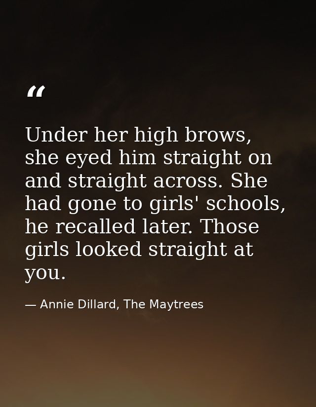 Under her high brows, she eyed him straight on and straight across. She had gone to girls' schools, he recalled later. T — Annie Dillard, The Maytrees