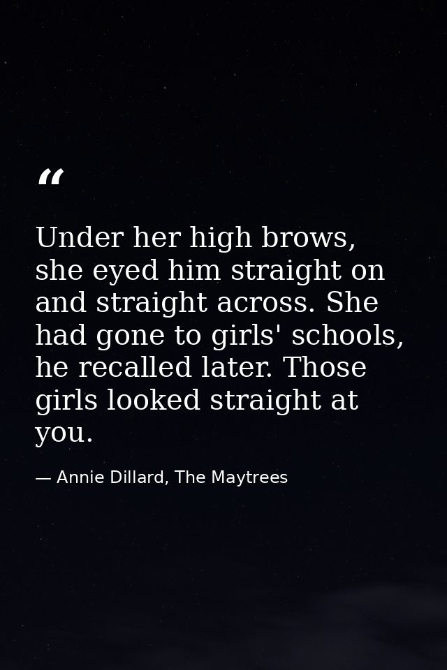 Under her high brows, she eyed him straight on and straight across. She had gone to girls' schools, he recalled later. T — Annie Dillard, The Maytrees
