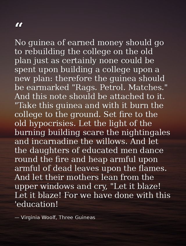 No guinea of earned money should go to rebuilding the college on the old plan just as certainly none could be spent upon — Virginia Woolf, Three Guineas