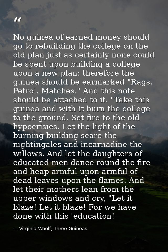 No guinea of earned money should go to rebuilding the college on the old plan just as certainly none could be spent upon — Virginia Woolf, Three Guineas