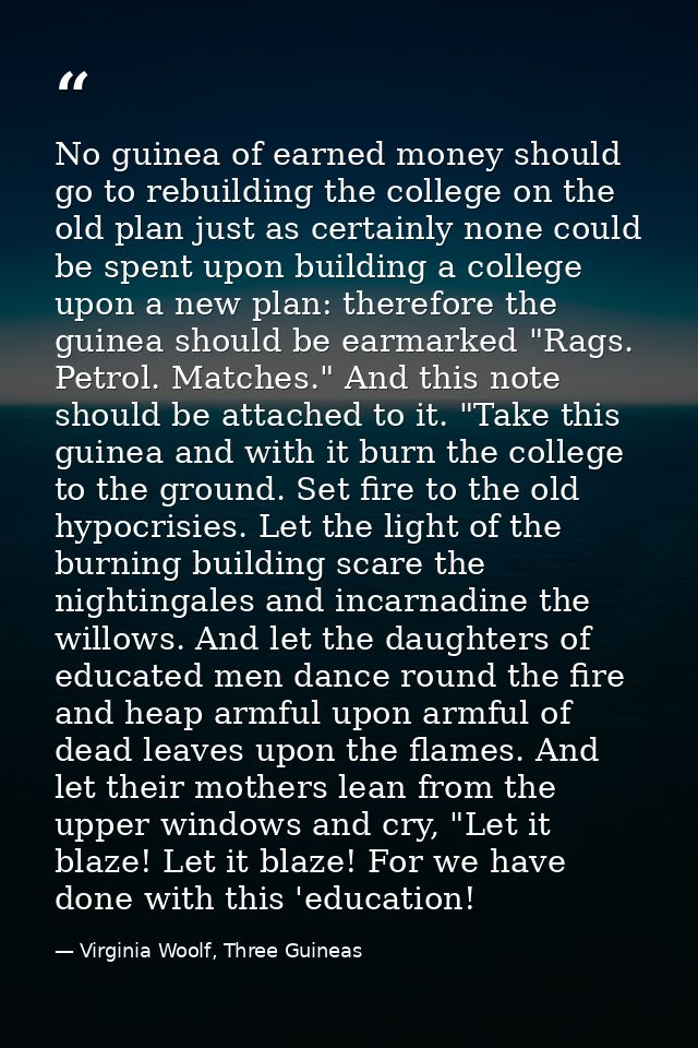 No guinea of earned money should go to rebuilding the college on the old plan just as certainly none could be spent upon — Virginia Woolf, Three Guineas