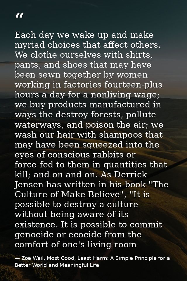 Each day we wake up and make myriad choices that affect others. We clothe ourselves with shirts, pants, and shoes that m — Zoe Weil, Most Good, Least Harm: A Simple Principle for a Better World and Meaningful Life