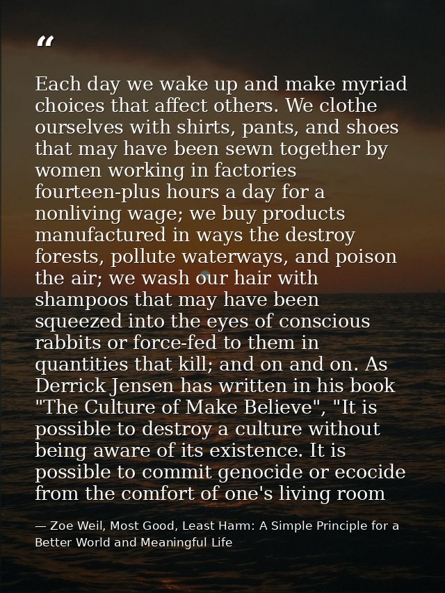 Each day we wake up and make myriad choices that affect others. We clothe ourselves with shirts, pants, and shoes that m — Zoe Weil, Most Good, Least Harm: A Simple Principle for a Better World and Meaningful Life