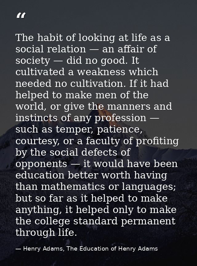 The habit of looking at life as a social relation — an affair of society — did no good. It cultivated a weakness which n — Henry Adams, The Education of Henry Adams