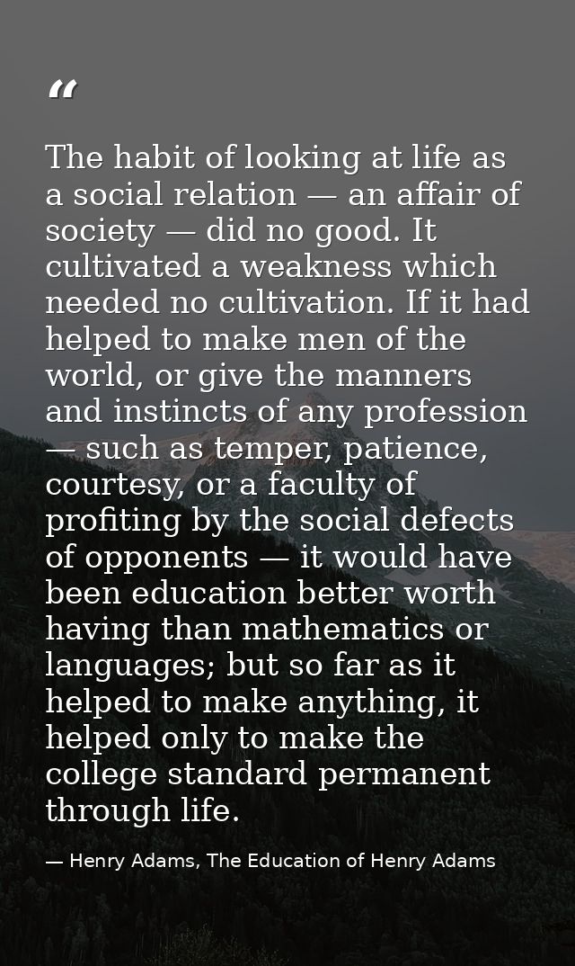 The habit of looking at life as a social relation — an affair of society — did no good. It cultivated a weakness which n — Henry Adams, The Education of Henry Adams