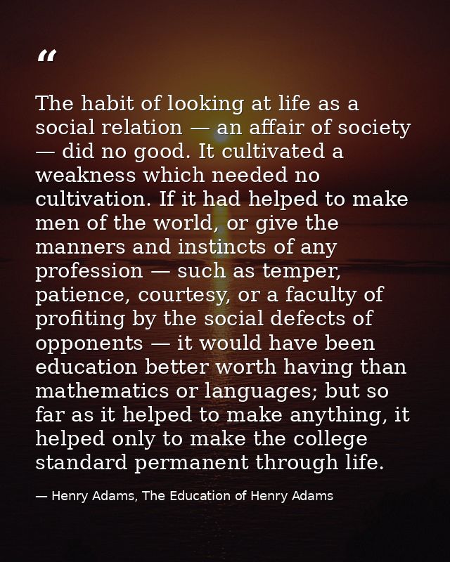 The habit of looking at life as a social relation — an affair of society — did no good. It cultivated a weakness which n — Henry Adams, The Education of Henry Adams