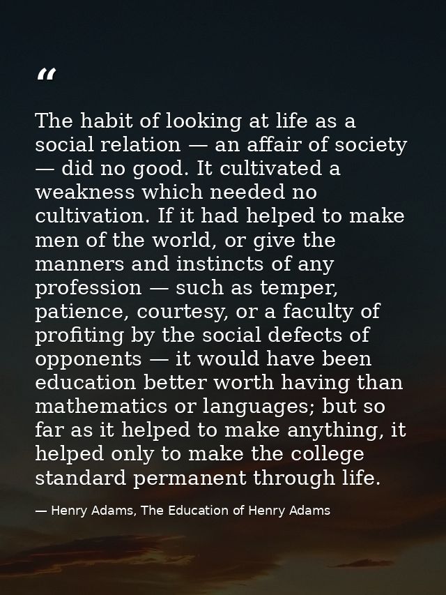 The habit of looking at life as a social relation — an affair of society — did no good. It cultivated a weakness which n — Henry Adams, The Education of Henry Adams