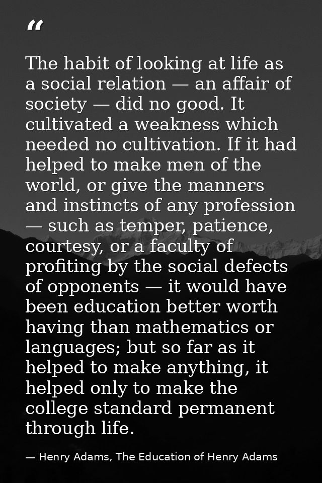 The habit of looking at life as a social relation — an affair of society — did no good. It cultivated a weakness which n — Henry Adams, The Education of Henry Adams