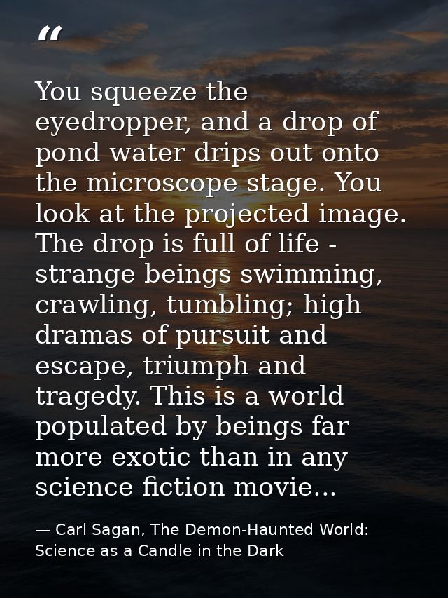 You squeeze the eyedropper, and a drop of pond water drips out onto the microscope stage. You look at the projected imag — Carl Sagan, The Demon-Haunted World: Science as a Candle in the Dark