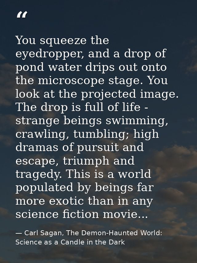You squeeze the eyedropper, and a drop of pond water drips out onto the microscope stage. You look at the projected imag — Carl Sagan, The Demon-Haunted World: Science as a Candle in the Dark
