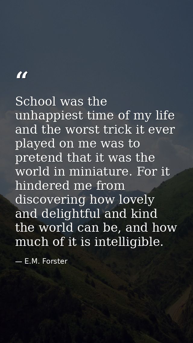 School was the unhappiest time of my life and the worst trick it ever played on me was to pretend that it was the world  — E.M. Forster