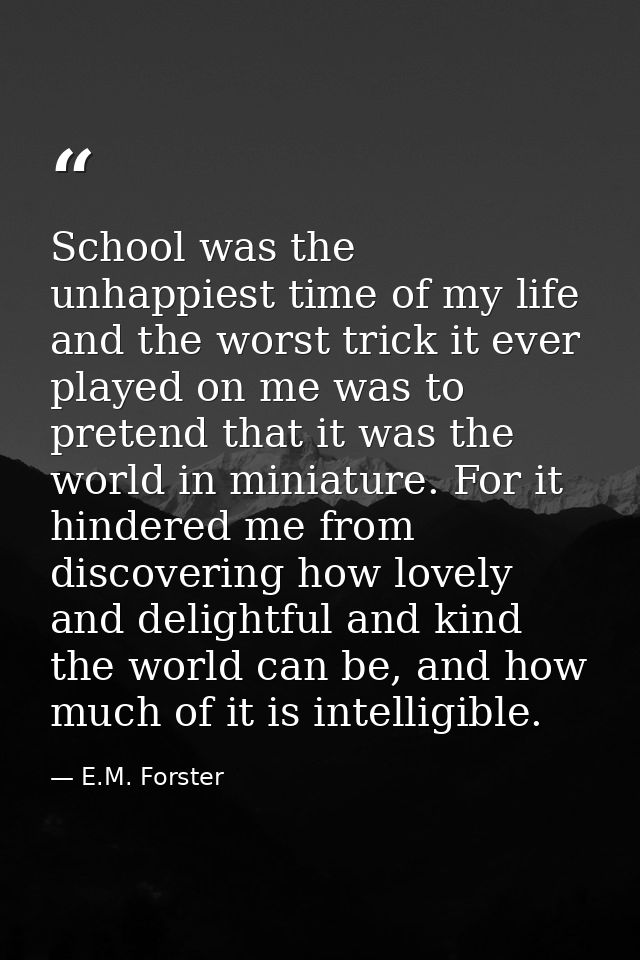 School was the unhappiest time of my life and the worst trick it ever played on me was to pretend that it was the world  — E.M. Forster