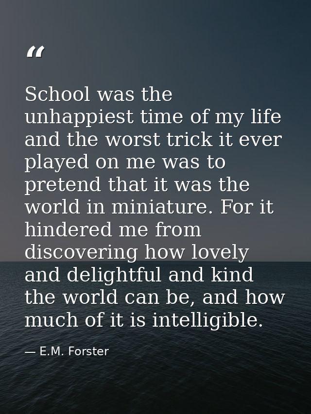 School was the unhappiest time of my life and the worst trick it ever played on me was to pretend that it was the world  — E.M. Forster