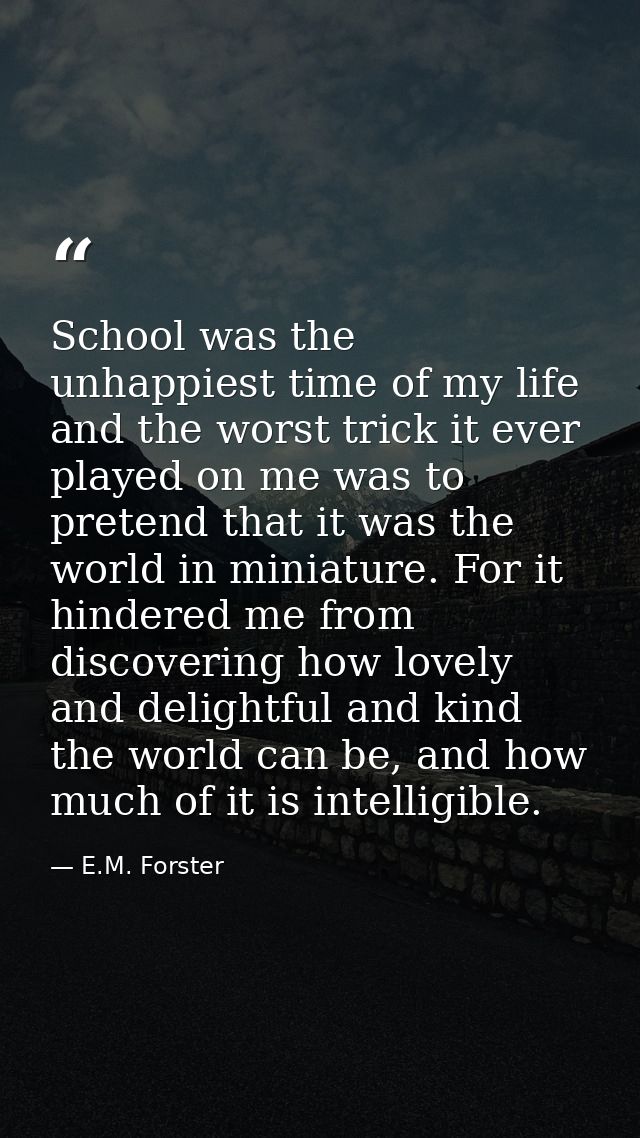 School was the unhappiest time of my life and the worst trick it ever played on me was to pretend that it was the world  — E.M. Forster