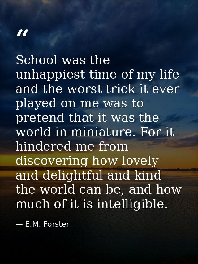 School was the unhappiest time of my life and the worst trick it ever played on me was to pretend that it was the world  — E.M. Forster