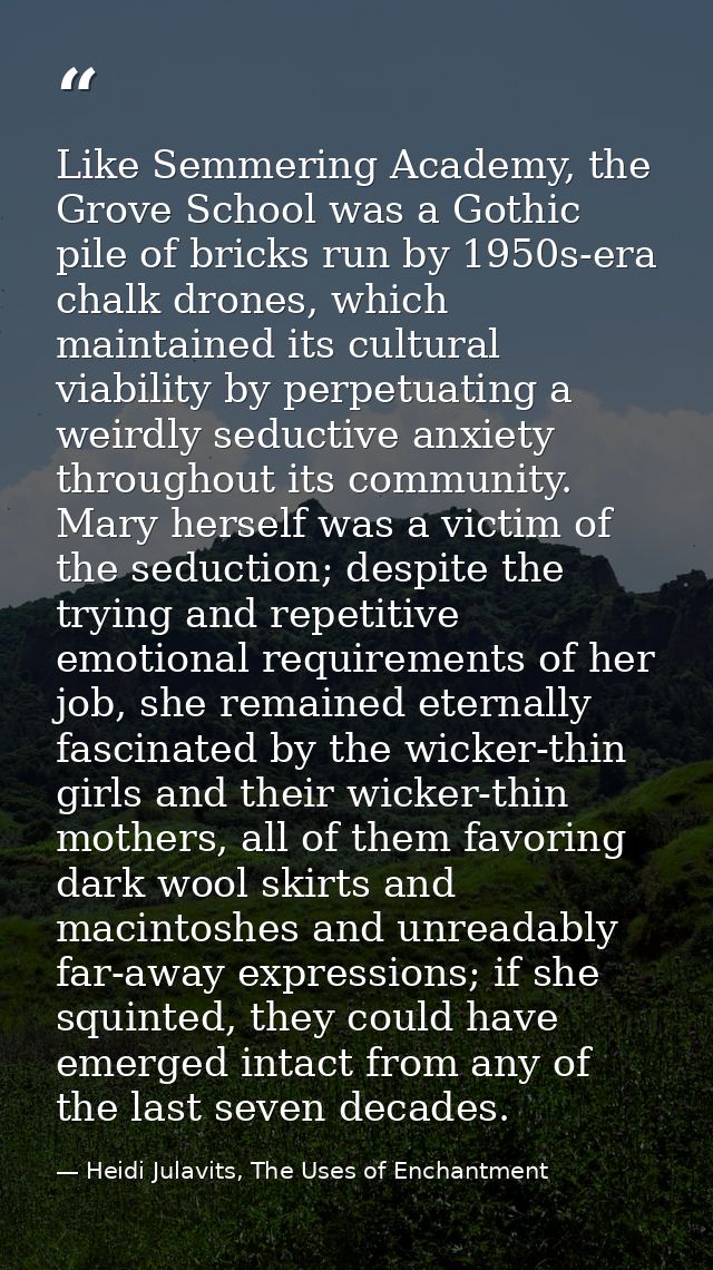Like Semmering Academy, the Grove School was a Gothic pile of bricks run by 1950s-era chalk drones, which maintained its — Heidi Julavits, The Uses of Enchantment