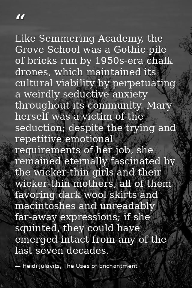 Like Semmering Academy, the Grove School was a Gothic pile of bricks run by 1950s-era chalk drones, which maintained its — Heidi Julavits, The Uses of Enchantment