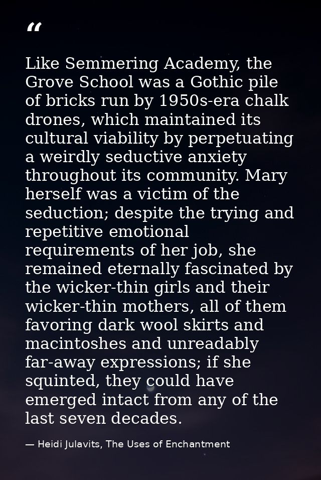 Like Semmering Academy, the Grove School was a Gothic pile of bricks run by 1950s-era chalk drones, which maintained its — Heidi Julavits, The Uses of Enchantment