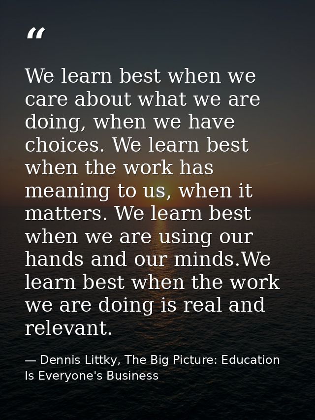 We learn best when we care about what we are doing, when we have choices. We learn best when the work has meaning to us, — Dennis Littky, The Big Picture: Education Is Everyone's Business