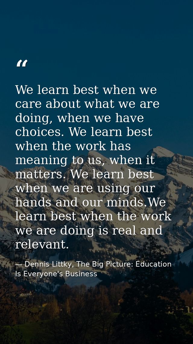 We learn best when we care about what we are doing, when we have choices. We learn best when the work has meaning to us, — Dennis Littky, The Big Picture: Education Is Everyone's Business