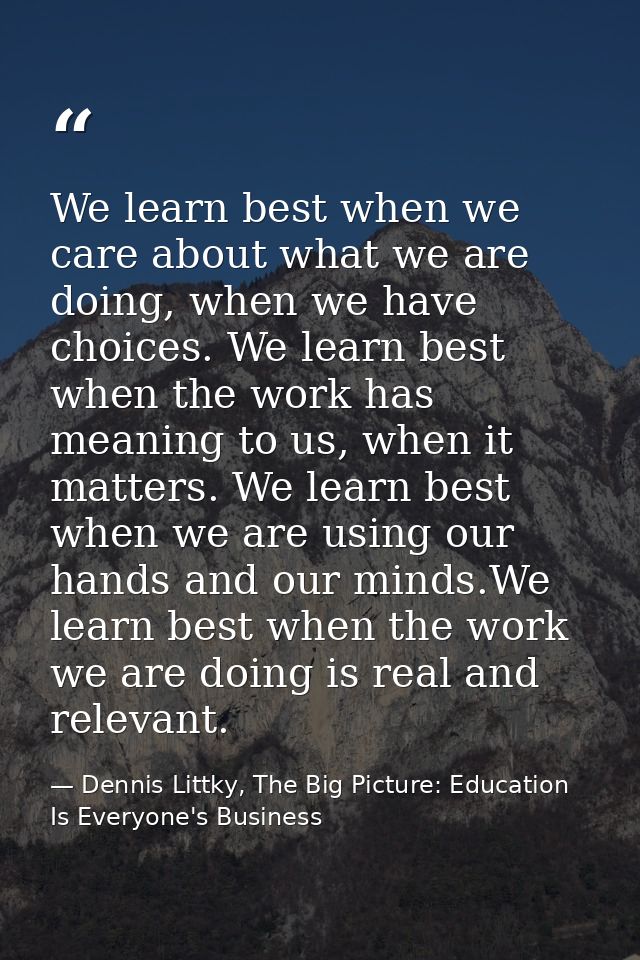 We learn best when we care about what we are doing, when we have choices. We learn best when the work has meaning to us, — Dennis Littky, The Big Picture: Education Is Everyone's Business