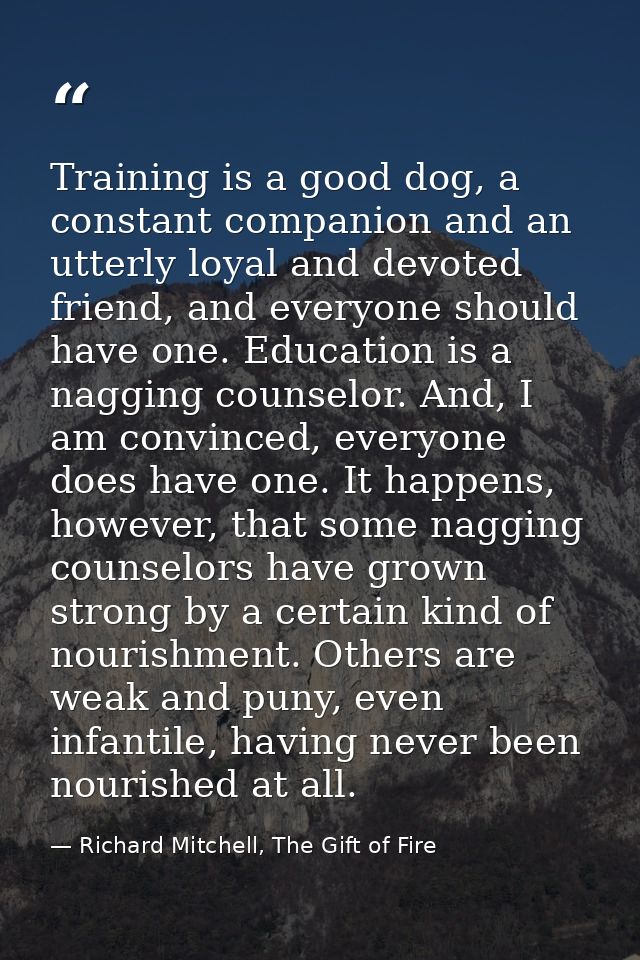 Training is a good dog, a constant companion and an utterly loyal and devoted friend, and everyone should have one. Educ — Richard Mitchell, The Gift of Fire