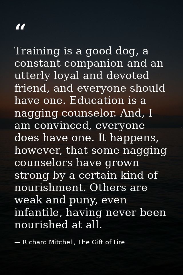 Training is a good dog, a constant companion and an utterly loyal and devoted friend, and everyone should have one. Educ — Richard Mitchell, The Gift of Fire