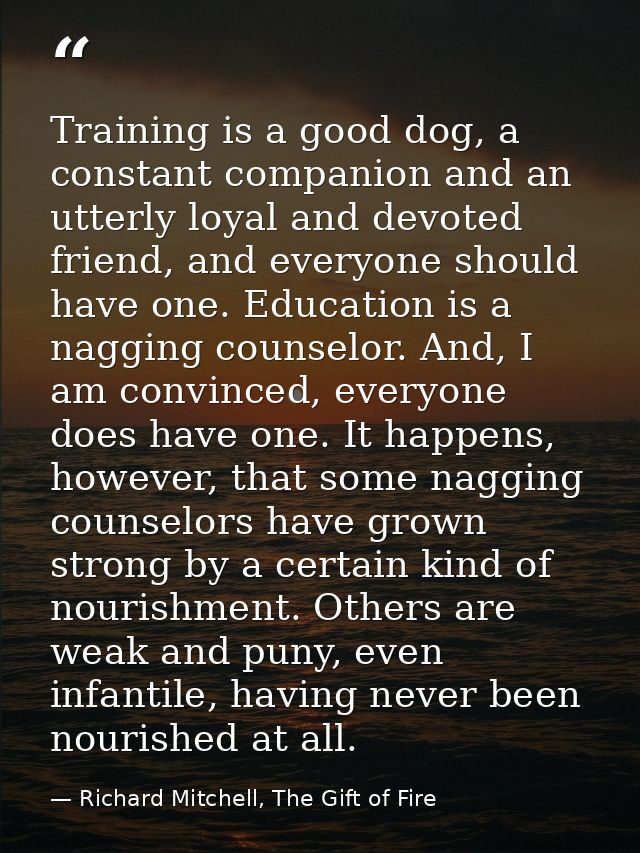 Training is a good dog, a constant companion and an utterly loyal and devoted friend, and everyone should have one. Educ — Richard Mitchell, The Gift of Fire