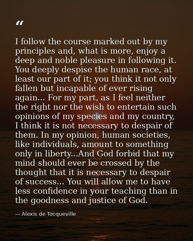 I follow the course marked out by my principles and, what is more, enjoy a deep and noble pleasure in following it. You  — Alexis de Tocqueville