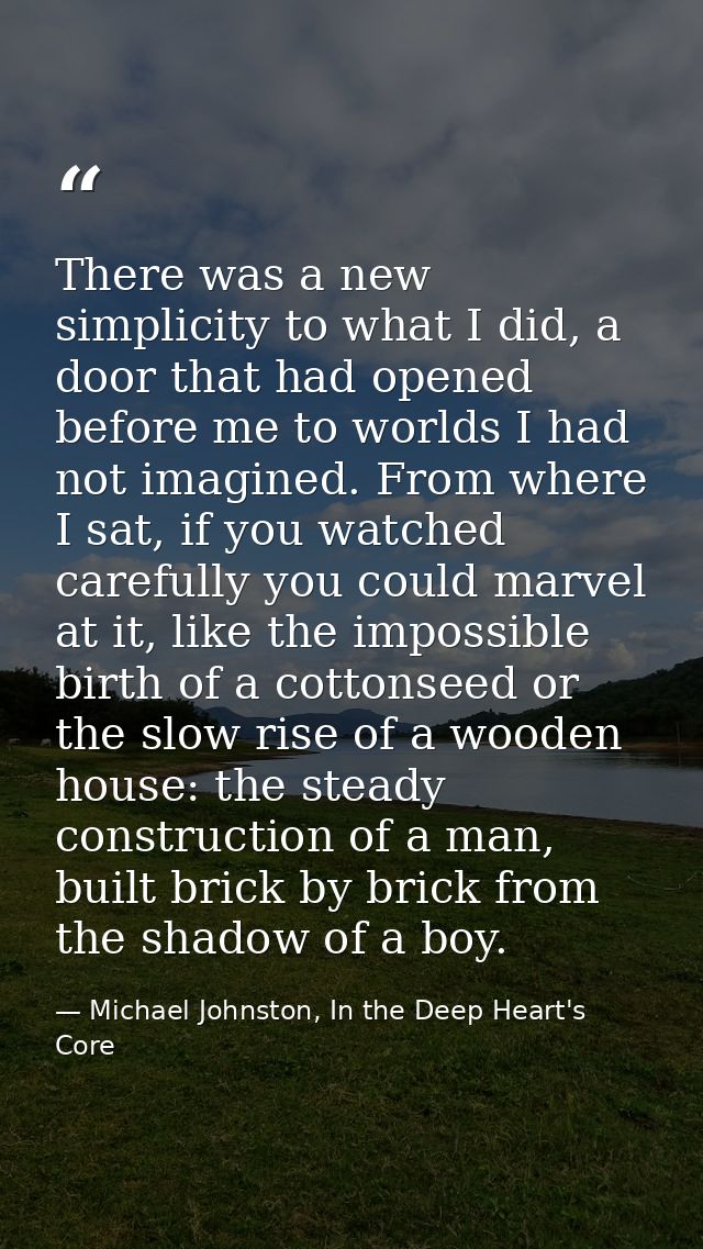 There was a new simplicity to what I did, a door that had opened before me to worlds I had not imagined. From where I sa — Michael Johnston, In the Deep Heart's Core