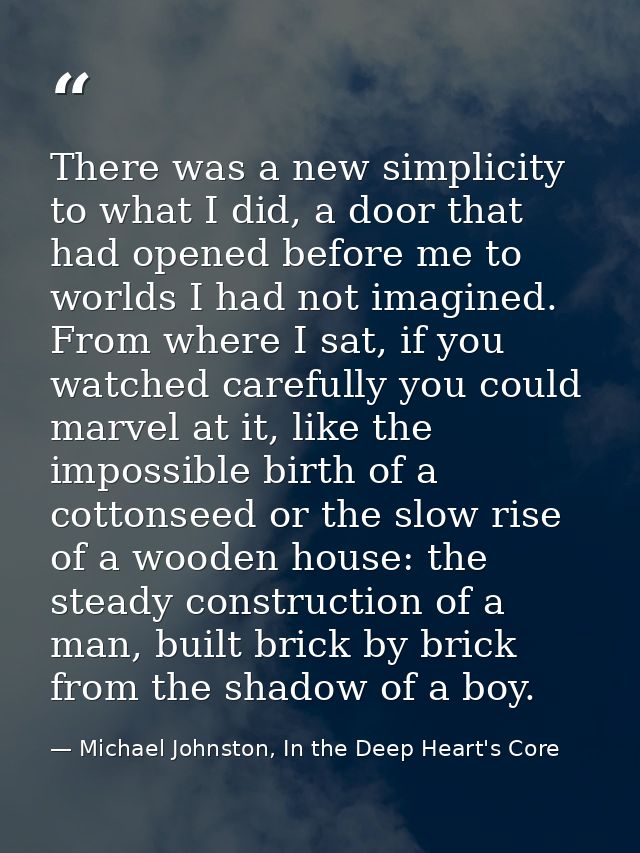 There was a new simplicity to what I did, a door that had opened before me to worlds I had not imagined. From where I sa — Michael Johnston, In the Deep Heart's Core