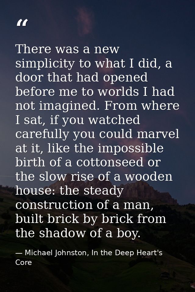 There was a new simplicity to what I did, a door that had opened before me to worlds I had not imagined. From where I sa — Michael Johnston, In the Deep Heart's Core