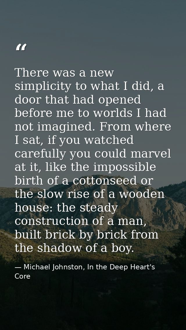 There was a new simplicity to what I did, a door that had opened before me to worlds I had not imagined. From where I sa — Michael Johnston, In the Deep Heart's Core