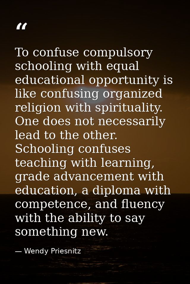 To confuse compulsory schooling with equal educational opportunity is like confusing organized religion with spiritualit — Wendy Priesnitz