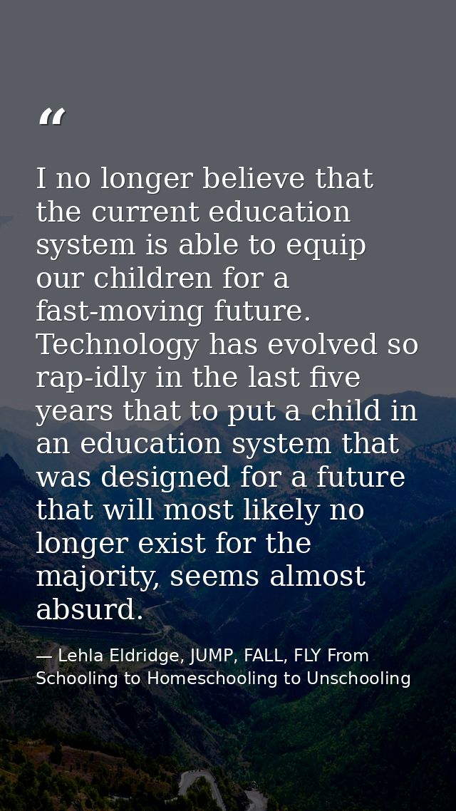 I no longer believe that the current education system is able to equip our children for a fast-moving future. Technology — Lehla Eldridge, JUMP, FALL, FLY From Schooling to Homeschooling to Unschooling