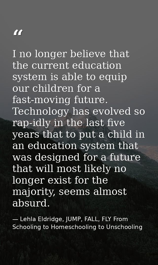I no longer believe that the current education system is able to equip our children for a fast-moving future. Technology — Lehla Eldridge, JUMP, FALL, FLY From Schooling to Homeschooling to Unschooling
