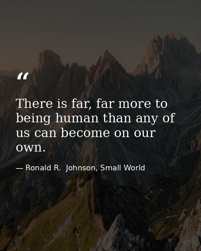 There is far, far more to being human than any of us can become on our own. — Ronald R.  Johnson, Small World