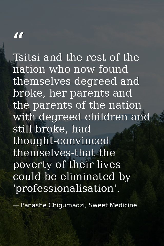 Tsitsi and the rest of the nation who now found themselves degreed and broke, her parents and the parents of the nation  — Panashe Chigumadzi, Sweet Medicine