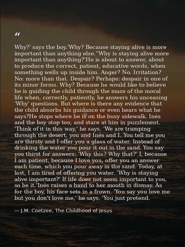 Why?' says the boy.'Why? Because staying alive is more important than anything else.''Why is staying alive more importan — J.M. Coetzee, The Childhood of Jesus