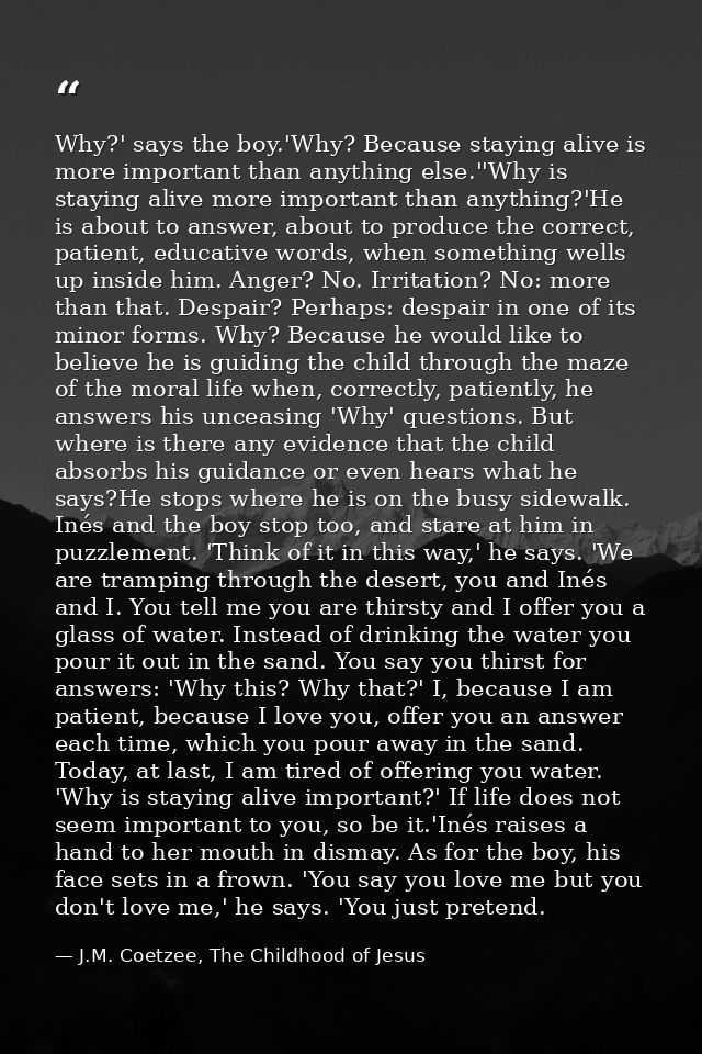 Why?' says the boy.'Why? Because staying alive is more important than anything else.''Why is staying alive more importan — J.M. Coetzee, The Childhood of Jesus